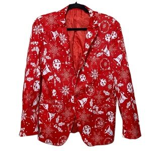 Vibrant Red Holiday Blazer with Festive Patterns